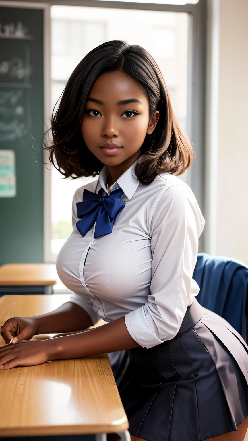 Beautiful woman, dark skin, asian, leaning forward, private college, uniform, skirt, bowtie, large breasts, classroom, sexy pose