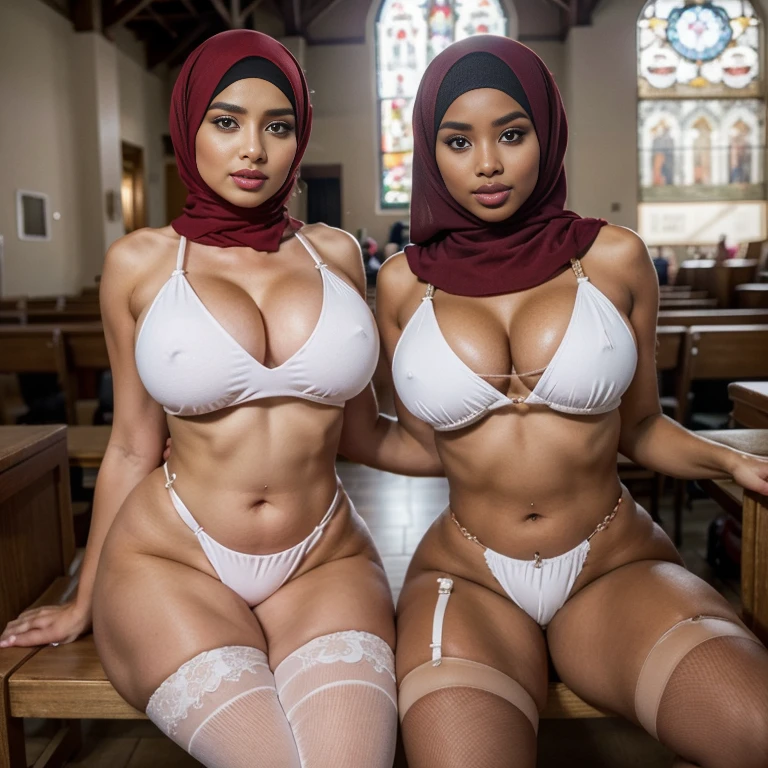 In the intimate settings of empty office church, two voluptuous sexually attractive hourglass figure depraved cute baby faces tween teen spanish (hijabi) (Muslim) 14-years-old schoolgirls  sit side by side on a wooden bench, radiating lust and sexual desire. They share the same height and body proportions, creating a visually stunning image of unity and strength. Both girls wear white (lace hijabs), beautifully wrapped around their heads, framing their faces and accentuating their sensuality. Complementing their hijabs, both girls wear (stockings) (daring string bikinis) that add a subtle hint of allure to their ensemble. The stockings enhance their sensual and lust-satisfying posture, further highlighting their lust-satisfying hourglass figures. Their makeup is flawlessly applied, with striking red lips, voluminous mascara, captivating eye shadow, precise eyeliner, and luxurious lashes. These elements enhance their already mesmerizing features, drawing attention to their expressive eyes. As they sit close to each other on the wooden bench, they exude a sense of unity and sisterhood. Their presence showcases the beauty and strength of cute baby faces teen tween hijabi Muslim schoolgirls, empowering others to embrace their identities and celebrate their unique beauty. both is looking at viewer, skin texture, ultra high res, RAW, instagram LUT, masterpiece, best quality, ultra-detailed, ultra high resolution, RAW, 4k, (looking at viewer), extremely detailed eyes and face, ((beautiful detailed nose)), ((beautiful detailed thigh)), ((beautiful detailed eyes)), perfect body proportion, (looking at the camera), seductive face, smile, red lips, (SFW:1.5), both wearing stockings, both wearing hijabs wedding veil slightly fat, inside church, wide hips