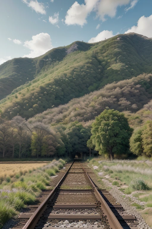 There is a beauty standing on the train tracks., con signos, obra de arte del paisaje, Arte de fondo animado, arte loepfe, Detailed landscape – width 672, arte del paisaje detallado, arte loepfe style, beautiful Paisaje animado, hecho con estudio de pintor anime, ilustraciones de fondo, paisaje campestre anime, hermoso arte UHD 4K, fondo de pantalla de arte anime 8k, Paisaje animado