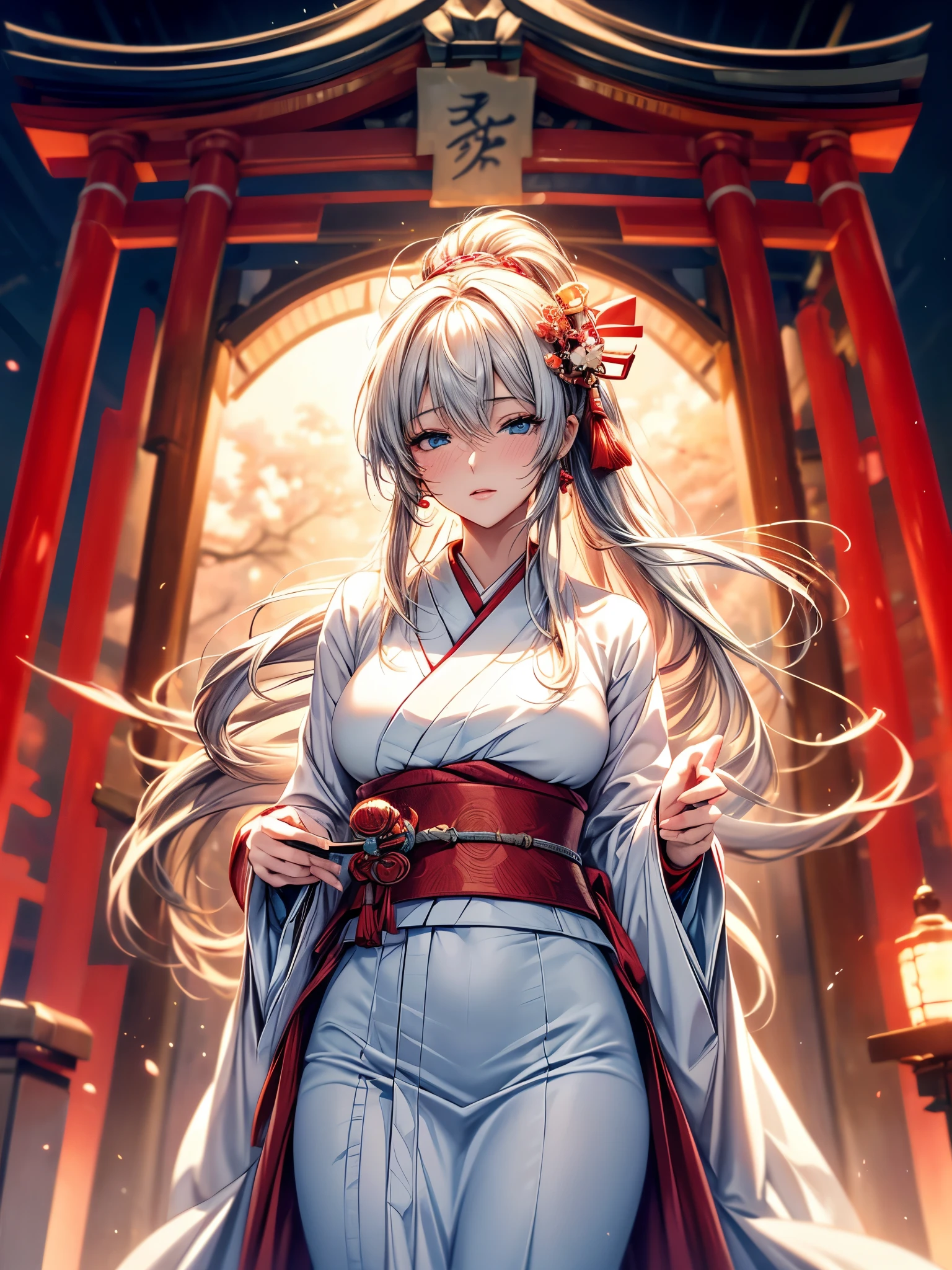 (Ultra-delicate), (Be focused), (high resolution), Deformed depth of field blurred background, (Detailed background), Perfect layer cut, (full-body shot/Cowboy shooting), wallpaper, One, Lovely beauty, alone, (Light blue eyes), thin eyebrows, long upper eyelashes, Double eyelids, Upper Eye, delicate eyes, Sexy lips, lip details, Shimmer, complicated, familiar, (Shrine maiden), Talisman, Stardust, Mirror, Sacred offering, (Stem), comfortable peace, peaceful, Japan, Yamatohime, Shrine maiden裝束, White robe and scarlet hakama, sakaki, Cane, Artistic, 8