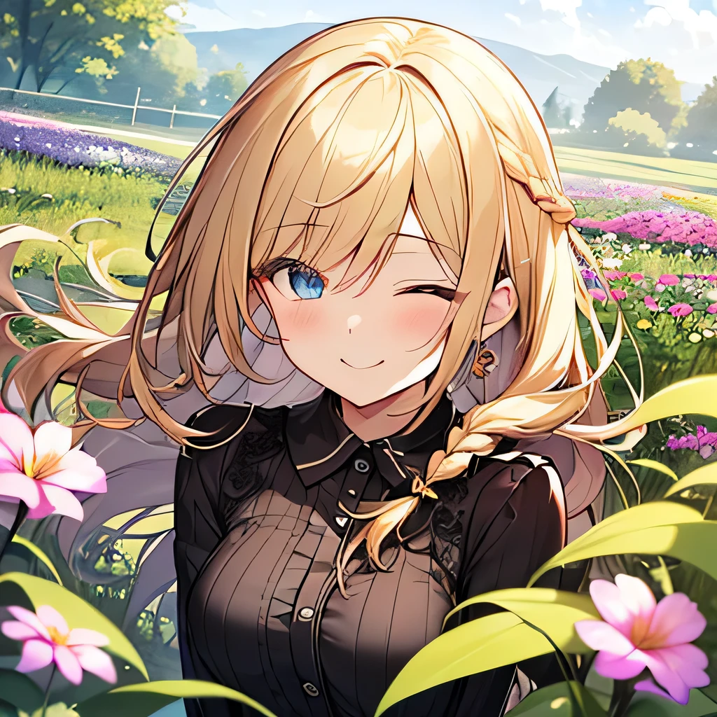 Tabletop, highest quality,figure, wallpaper, Super detailed, Absurd beauty、1 beautiful girl、 (Long Hair、Short braided hair、Blonde、Ample breasts), Very detailed beautiful eyes , Hair blowing in the wind、Keep your head small、Flower Field、great outdoors、Flower Garden Scenery、Naughty woman、Close your eyes and laugh、smile、Shyness