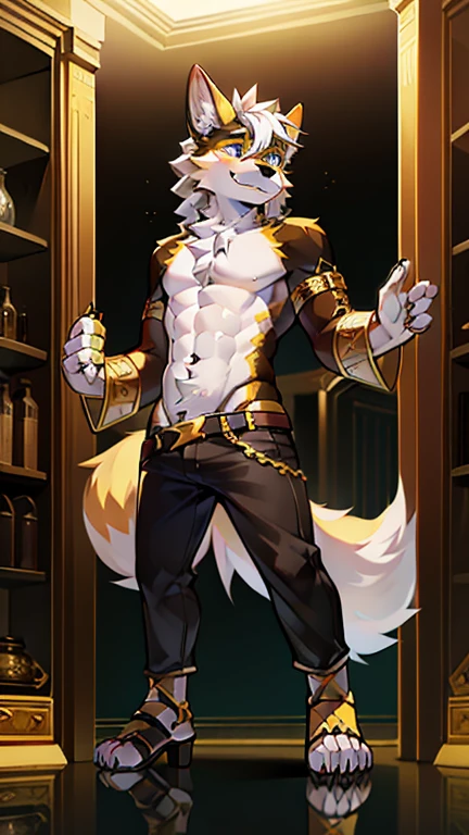 High fidelity golden mechanical wolf.，Lleva un chaleco blanco，Pantalones cortos negros，sandalias，Sentado en el apartamento, tiene abierto el chaleco, tiene abdominales marcados 