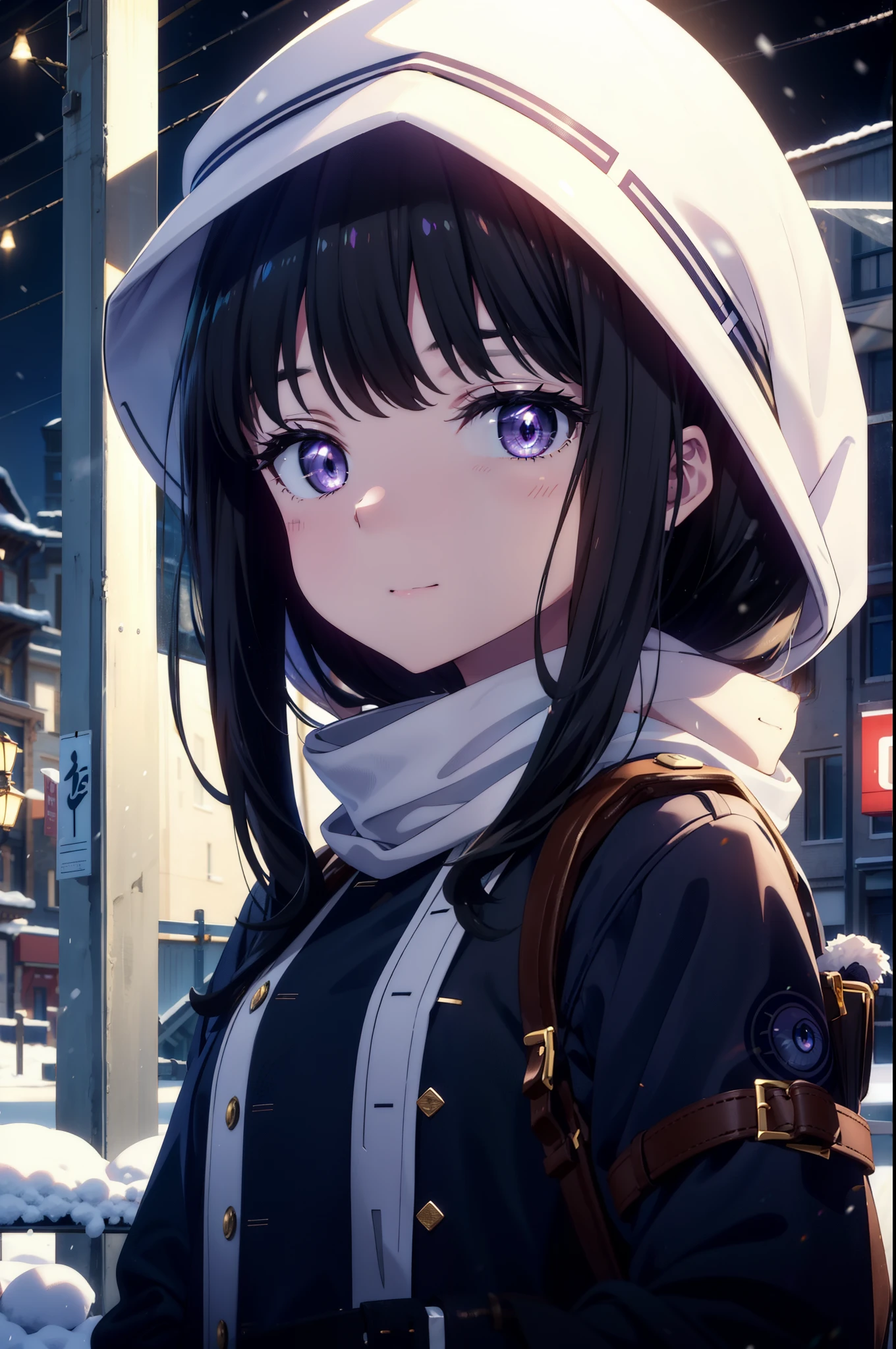 Takiuchi, Inoue Check, Long Hair, bangs, Black Hair, (Purple eyes:1.2),happy smile, smile, Open your mouth,White knit hat,Oversized coat,Blue Scarf,White Sweater,Put your hands in your coat pockets,Long skirt,Black Pantyhose,short boots,Shirogane World,Snow is piling up,Snow is falling,it&#39;s snowing,winter,Cold Sky,morning,morning陽,The sun is rising,
break looking at viewer, whole body, Upper Body,(Cowboy Shot:1. 5)
break outdoors, In town,Building district,
break (masterpiece:1.2), highest qualそれy, High resolution, unそれy 8k wallpaper, (shape:0.8), (Beautiful and beautiful eyes:1.6), Highly detailed face, Perfect lighting, Highly detailed CG, (Perfect hands, Perfect Anatomy),