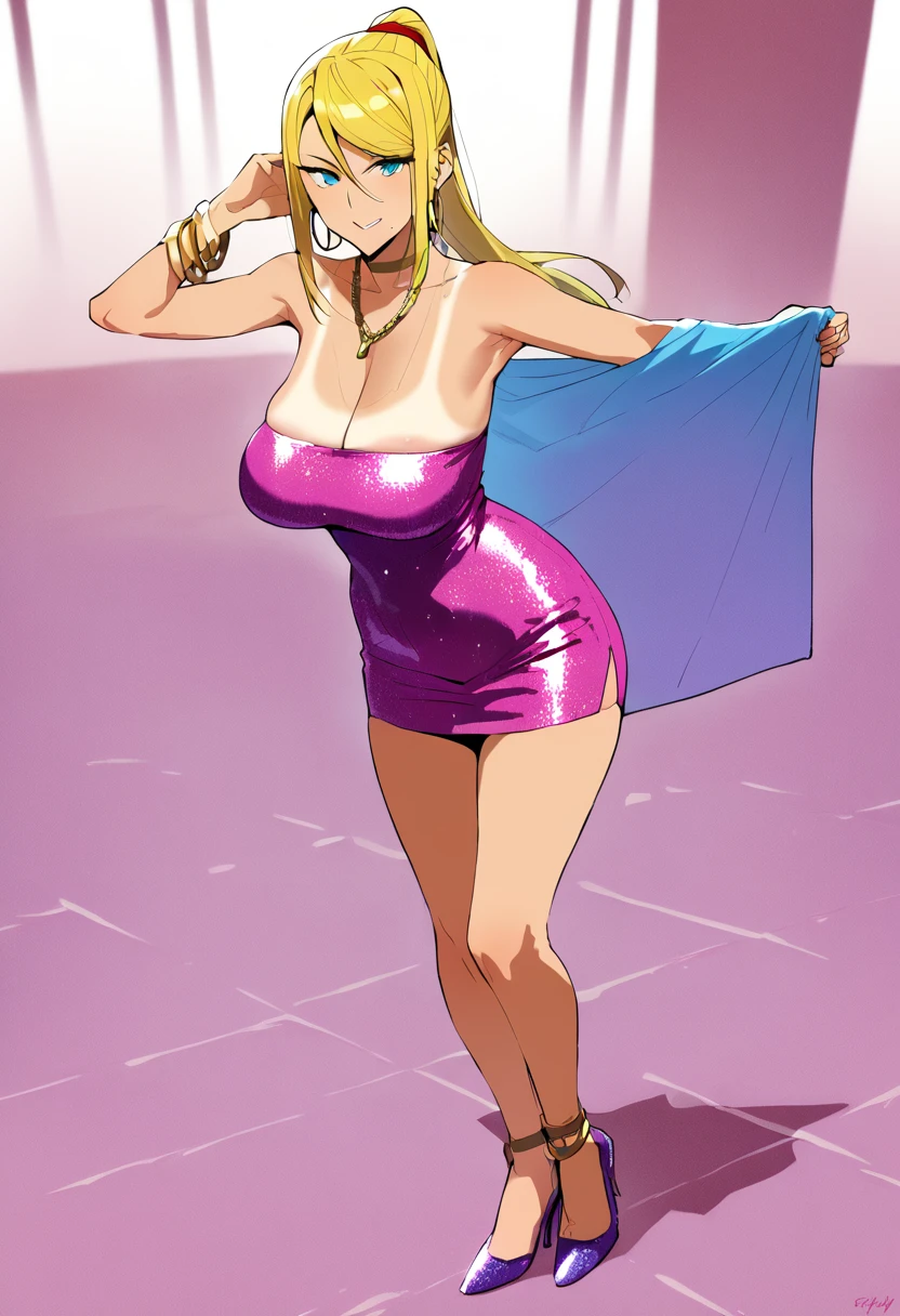 score_9,score_8_up,score_7_up,score_6_up, takeda hiromitsu style,1girl, sole_female, tanned, tanlines, pink bodycon dress, blue bodycon dress, sequins, strapless_dress, confident_pose, standing, intricate_face, intricate_eyes, smile, saggy_breasts, slender_waist, curvy_hips, high_heels, gold_bracelets, chain_necklace, hoop_earrings, dynamic_pose, sexy_face, sultry, curvy, skindentation, skin_tight, short_dress milf, mature_female, thick_hips, horny, cleavage_cutout, hip_vent, Samus_Aran