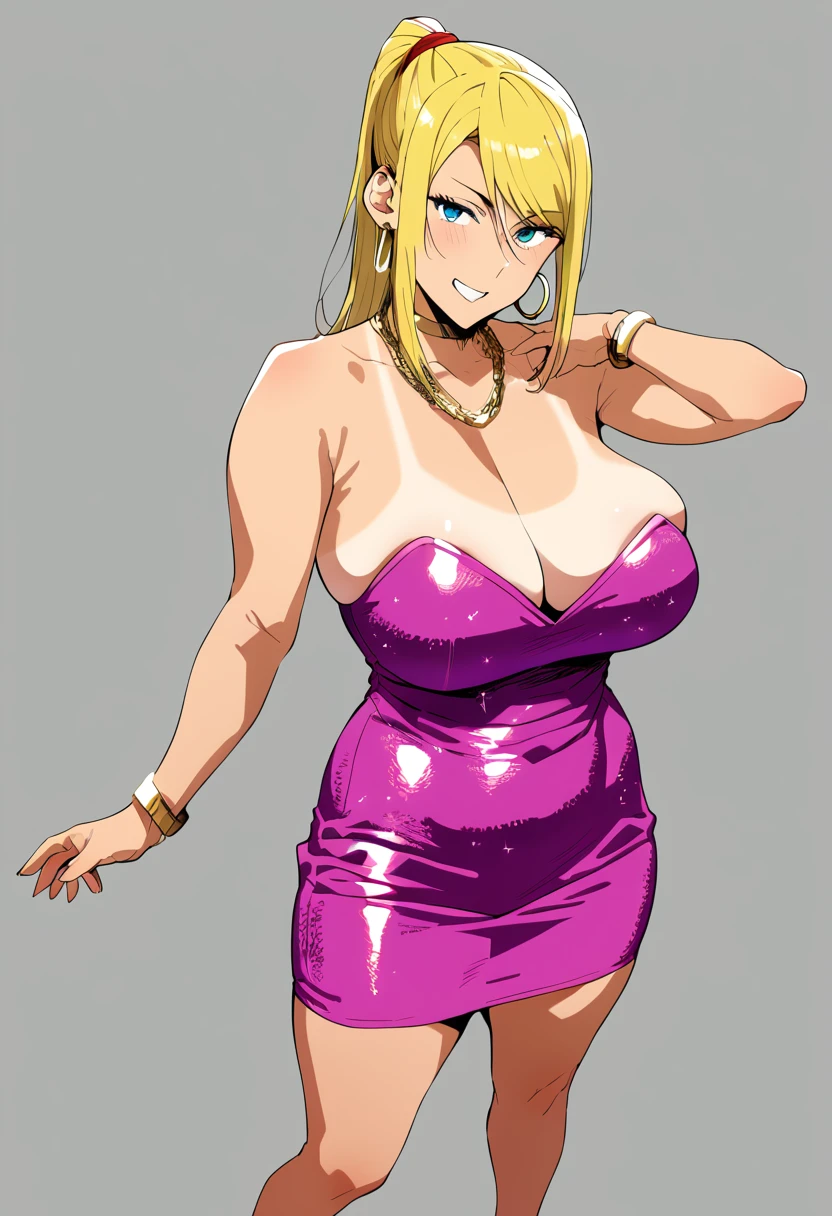 score_9,score_8_up,score_7_up,score_6_up, takeda hiromitsu style,1girl, sole_female, tanned, tanlines, pink bodycon dress, blue bodycon dress, sequins, strapless_dress, confident_pose, standing, intricate_face, intricate_eyes, smile, saggy_breasts, slender_waist, curvy_hips, high_heels, gold_bracelets, chain_necklace, hoop_earrings, dynamic_pose, sexy_face, sultry, curvy, skindentation, skin_tight, short_dress milf, mature_female, thick_hips, horny, cleavage_cutout, hip_vent, Samus_Aran