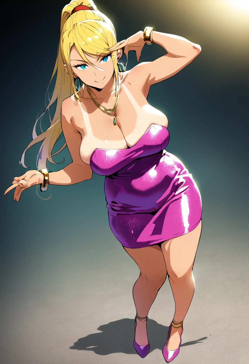 score_9,score_8_up,score_7_up,score_6_up, takeda hiromitsu style,1girl, sole_female, tanned, tanlines, pink bodycon dress, blue bodycon dress, sequins, strapless_dress, confident_pose, standing, intricate_face, intricate_eyes, smile, saggy_breasts, slender_waist, curvy_hips, high_heels, gold_bracelets, chain_necklace, hoop_earrings, dynamic_pose, sexy_face, sultry, curvy, skindentation, skin_tight, short_dress milf, mature_female, thick_hips, horny, cleavage_cutout, hip_vent, Samus_Aran