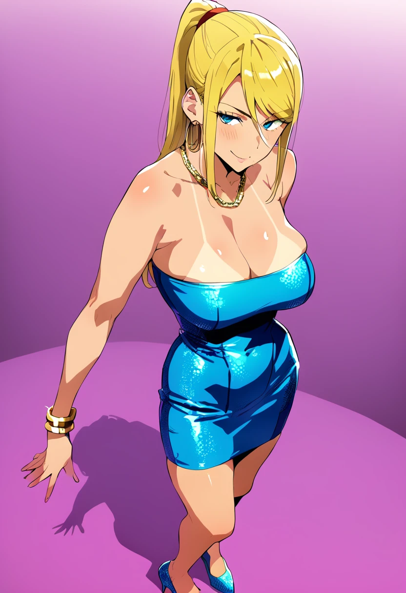 score_9,score_8_up,score_7_up,score_6_up, takeda hiromitsu style,1girl, sole_female, tanned, tanlines, pink bodycon dress, blue bodycon dress, sequins, mini_dress, micro_dress, shiny_clothes, sheer_clothing confident_pose, standing, intricate_face, intricate_eyes, smile, saggy_breasts, slender_waist, curvy_hips, high_heels, gold_bracelets, chain_necklace, hoop_earrings, dynamic_pose, sexy_face, sultry, curvy, skindentation, skin_tight, short_dress milf, mature_female, thick_hips, horny, cleavage_cutout, hip_vent, hip_cutout saggin_breasts, skimpy_outfit, revealing_outfit, sultry_expression, seducing_eyes, bedroom_eyes, seductive, Samus_Ara
