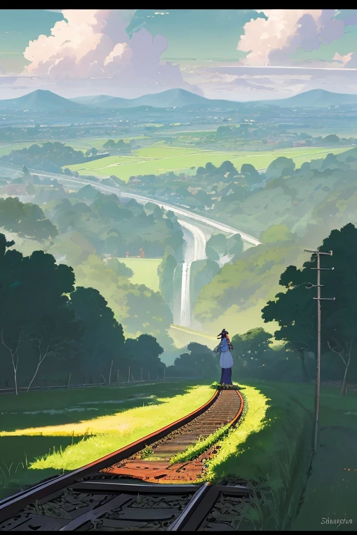 There is a beauty standing on the train tracks., con signos, obra de arte del paisaje, Arte de fondo animado, arte loepfe, Detailed landscape – width 672, arte del paisaje detallado, arte loepfe style, beautiful Paisaje animado, hecho con estudio de pintor anime, ilustraciones de fondo, paisaje campestre anime, hermoso arte UHD 4K, fondo de pantalla de arte anime 8k, Paisaje animado