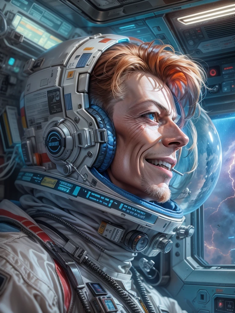 Masterpiece Digital art of David Bowie as Major Tom an astronaut inside a brand new cyberpunk space station (looking at blue Earth:1.2), talking to his friend, happy face, smile on his face, light laughter, detailed face, detailed eyes, detailed exicted expression, (side view:1.2), insanely detailed and intricate, cinematic art by greg rutkowski, directional lighting from the space station window