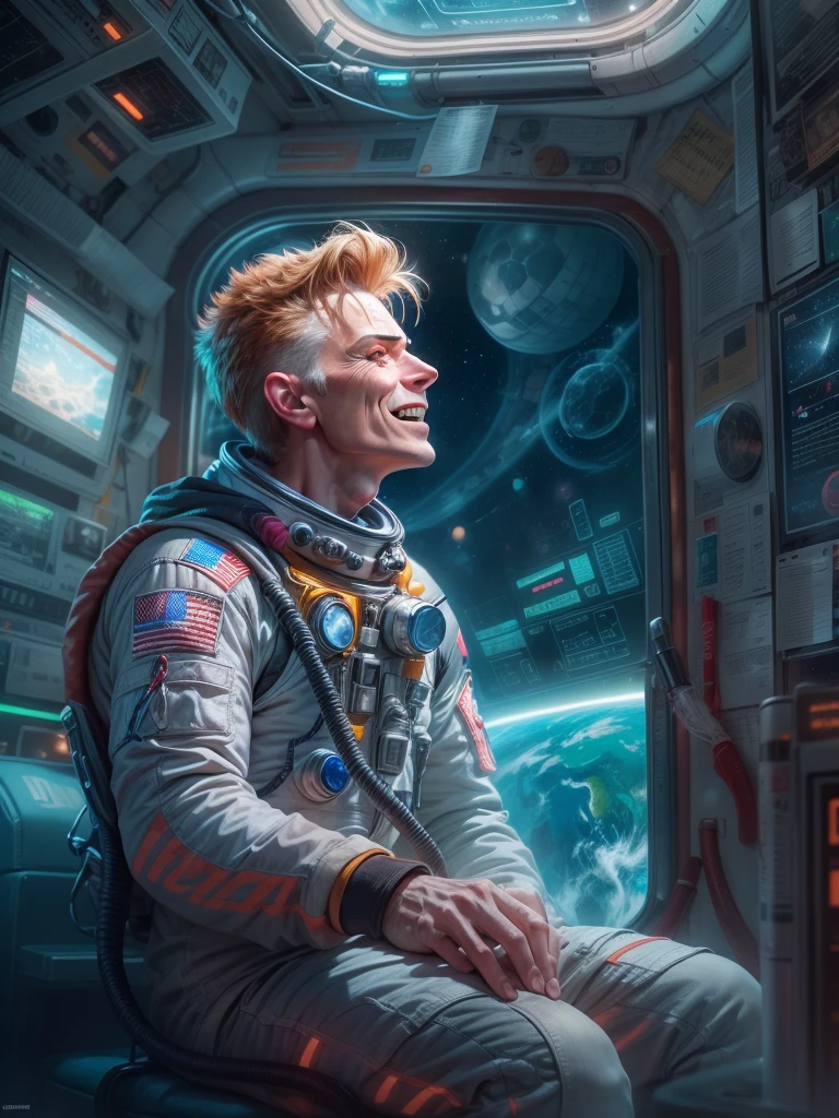 Masterpiece Digital art of David Bowie as Major Tom an astronaut inside a brand new cyberpunk space station (looking at blue Earth:1.2), talking to his friend, happy face, smile on his face, light laughter, detailed face, detailed eyes, detailed exicted expression, (side view:1.2), insanely detailed and intricate, cinematic art by greg rutkowski, directional lighting from the space station window