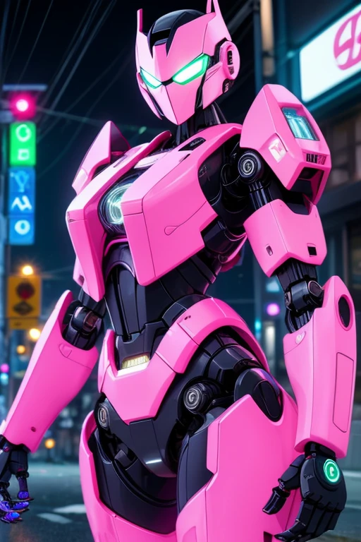 A female transformer with a pink and white color scheme and holographic accents ready to do a data transfer in street wet city rain neon lights signs at night. Not so robotic looking, more feminine appearance, rounded edges, smooth appearance like Arcee, very female appearance, she is opening her data input port just below her midsection