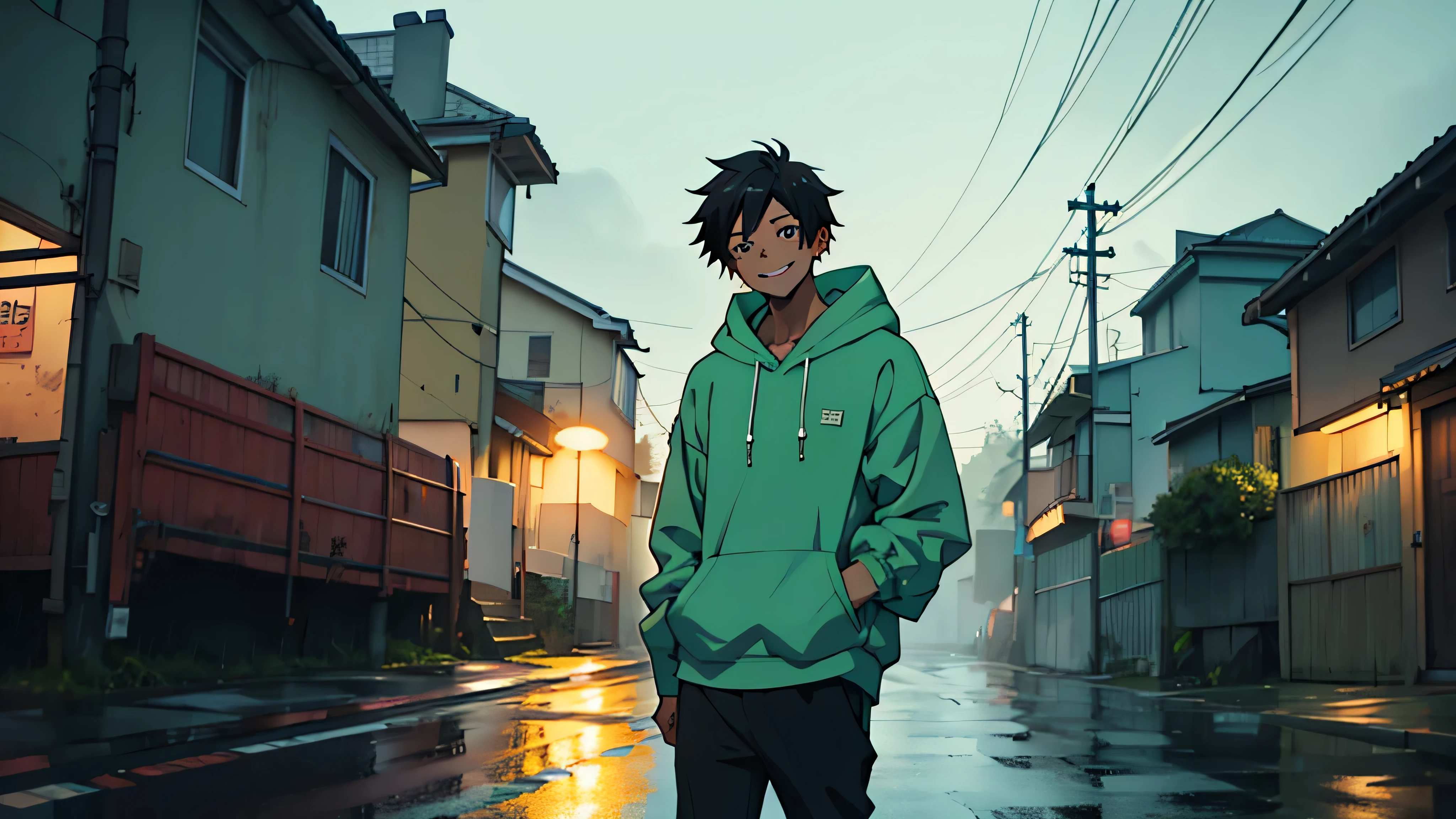 a man wearing mint green hoodie on the middle of a rainy night at the road looking existed to start a new journey and smiling a big small at the face of the camera ,anime style , black hair , no car ears
