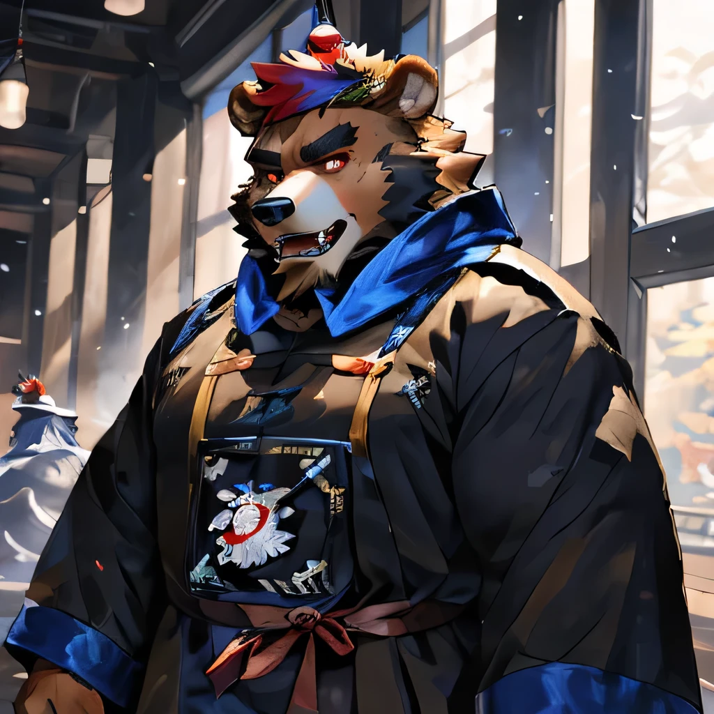human nature, cannon, male, solitary, ((Round Face, thick beard)), ((Handsome)), (jiangshicostume:1.8), ((Brown Bear) Fluffy fur, Fluffy), (At the gym),blood-red eyes, fangs, razor-sharpteeth, long fingernails, nail polish,open mouth,high quality,Bokeh, (high quality, high resolution, masterpiece), Front view (close up), cartoon,by lindong,