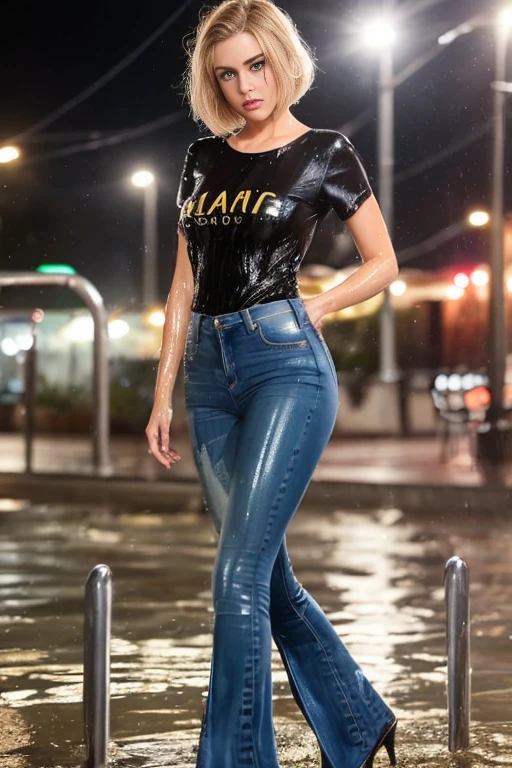 (Wide flares on jeans:1.2), (Water-soaked clothing:1.17), (Best Quality,high resolution,bokeh:1.2),two woman,Pronounced wrinkles,blonde hair,((permed Blunt Textured bob haircut)),Detailed eyes and face,tshirt,(standing:1.0),(gloomy ???????:1.1), Posing, standing outside in the pouring rain, SoakingWetClothes, ((black high heel pumps)), ((show heels)), jeans are wrinkled from wetness, ((wet hair)), 