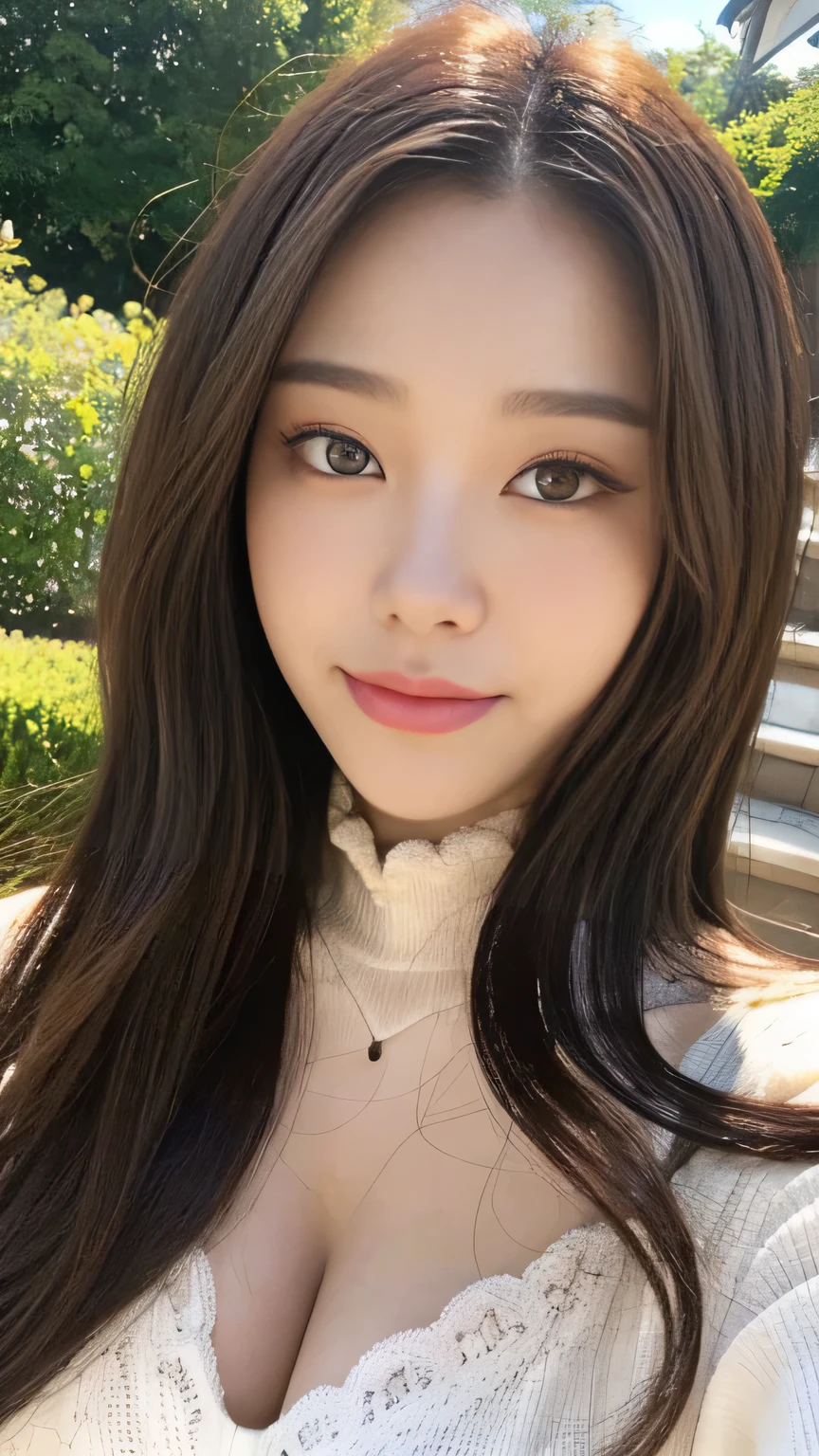 Full body angle、((highest quality, 8K, masterpiece:1.3)), concentrated:1.2, Perfect body beauty:1.4, Hips:1.2, ((Delicate Hair)), (Colorful lettuce cut mock neck see-through top without bra、 :1.1) , ((highest quality、8K、masterpiece:1.3))、1 Girl、A sloppy smile、Esbian all over、Slim face、Big 、Beautiful woman、(Dark Brown Hair)、Long Hair、1.1、Flickering Valley、Detailed eyes、double eyelid、Blurred Background、超Slim face、Looking down、garden、