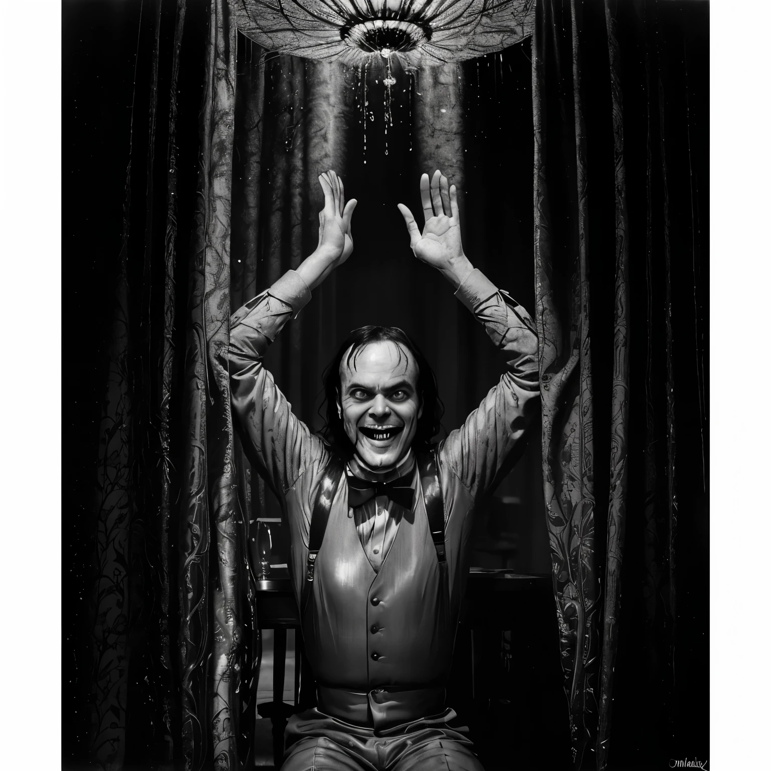 arafed man with his mouth open sitting at a table, the shining, the shining overlook hotel, stanley kubrick the shinning, the shining 1980, hannibal lector, self - satisfied smirk, giddy smirk, shining, unsettling grin, choke smirk smile grin, evil smirk, insane smile, jack nicholson