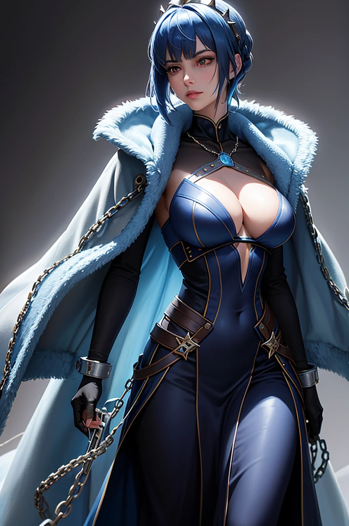 A woman with short blue hair, adorned with thin chains around her head, stands tall and confident. She wears a blue sweater underneath a heavy coat, revealing a bright blue saber clutched firmly in her hand. The chains glisten in the light, reflecting off her carefully styled hair. Her sweater, though simple, hugs her figure perfectly, while the coat adds an air of mystery and strength to her appearance. The saber, with its vibrant hue, catches the eye and adds to the overall intrigue of the scene. Realistic CGI brings the scene to life, capturing every detail from the curves of her body to the precise reflective surface of the weapon. The chains around