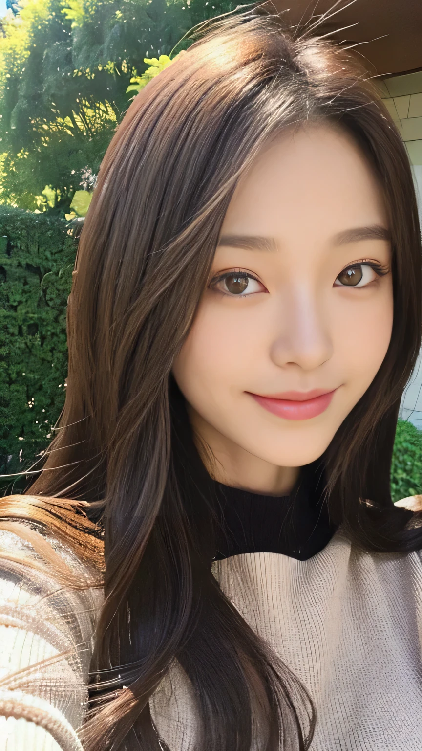 Full body angle、((highest quality, 8K, masterpiece:1.3)), concentrated:1.2, Perfect body beauty:1.4, Hips:1.2, ((Delicate Hair)), (Colorful lettuce cut mock neck see-through top without bra、 :1.1) , ((highest quality、8K、masterpiece:1.3))、1 Girl、A sloppy smile、Esbian all over、Slim face、Big 、Beautiful woman、(Dark Brown Hair)、Long Hair、1.1、Flickering Valley、Detailed eyes、double eyelid、Blurred Background、超Slim face、Looking down、garden、