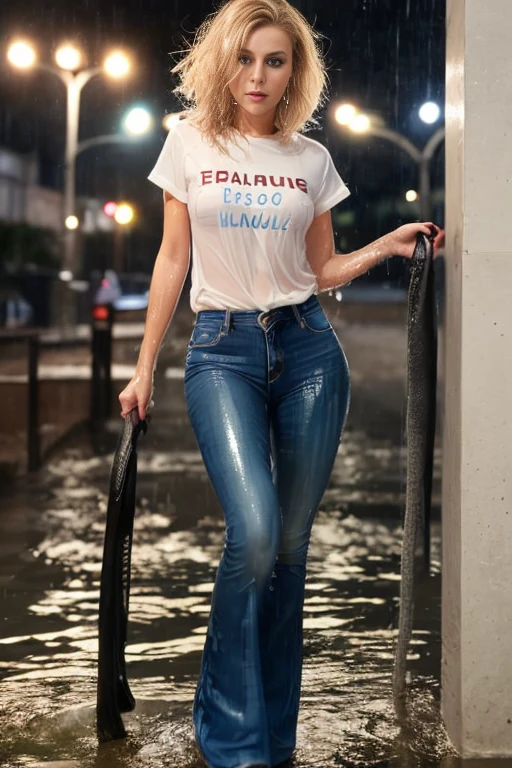 (Wide flares on jeans:1.2), (Water-soaked clothing:1.17), (Best Quality,high resolution,bokeh:1.2),two woman,Pronounced wrinkles,blonde hair,((permed Blunt Textured bob haircut)),Detailed eyes and face,tshirt,(standing:1.0),(gloomy ecstasy:1.1), Posing, standing outside in the pouring rain, SoakingWetClothes, ((black high heel pumps)), ((show heels)), jeans are wrinkled from wetness, (((wet hair)))