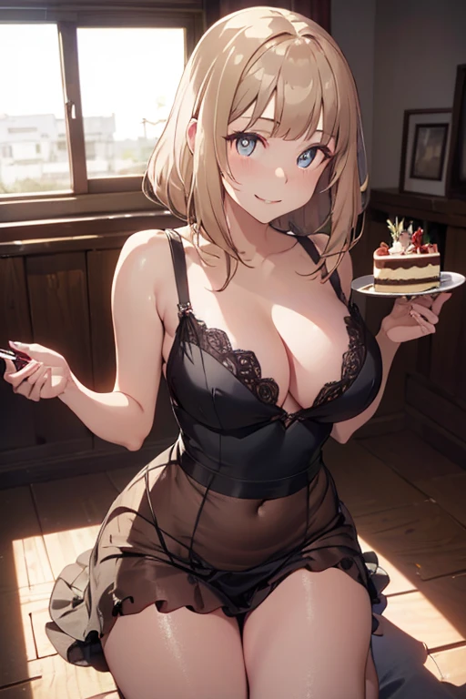 (looking down on the audience:1.3),(from side:0.9), ((Face)), (Close-Up:0.4), ((looking at viewer, holding a cake)),highest quality、(real、photorealistic:1.4),(ultra high resolution, 8K RAW photo, clear focus), best qualtiy, natural lighting, field depth, (Bright pupils, detailed beautiful eyes, high detailed face), Red lip, (tight focus:1.2, from below), sexy posing, seductive weak smiling, Looking at Viewer,
