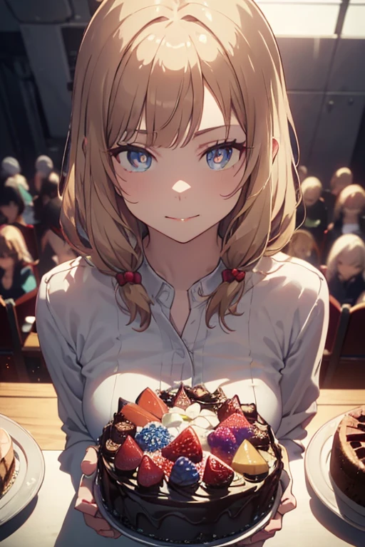 (looking down on the audience:1.3),(from side:0.9), ((Face)), (Close-Up:0.4), ((looking at viewer, holding a cake)),highest quality、(real、photorealistic:1.4),(ultra high resolution, 8K RAW photo, clear focus), best qualtiy, natural lighting, field depth, (Bright pupils, detailed beautiful eyes, high detailed face), Red lip, (tight focus:1.2, from below), sexy posing, seductive weak smiling, Looking at Viewer,
