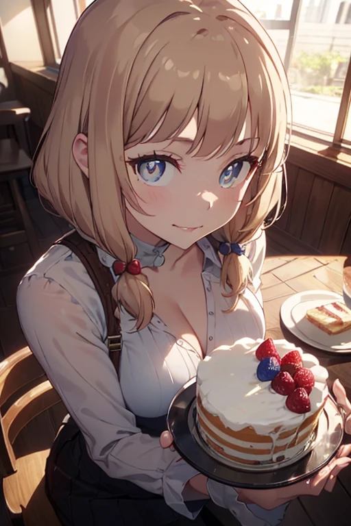 (looking down on the audience:1.3),(from side:0.9), ((Face)), (Close-Up:0.4), ((looking at viewer, holding a cake)),highest quality、(real、photorealistic:1.4),(ultra high resolution, 8K RAW photo, clear focus), best qualtiy, natural lighting, field depth, (Bright pupils, detailed beautiful eyes, high detailed face), Red lip, (tight focus:1.2, from below), sexy posing, seductive weak smiling, Looking at Viewer,