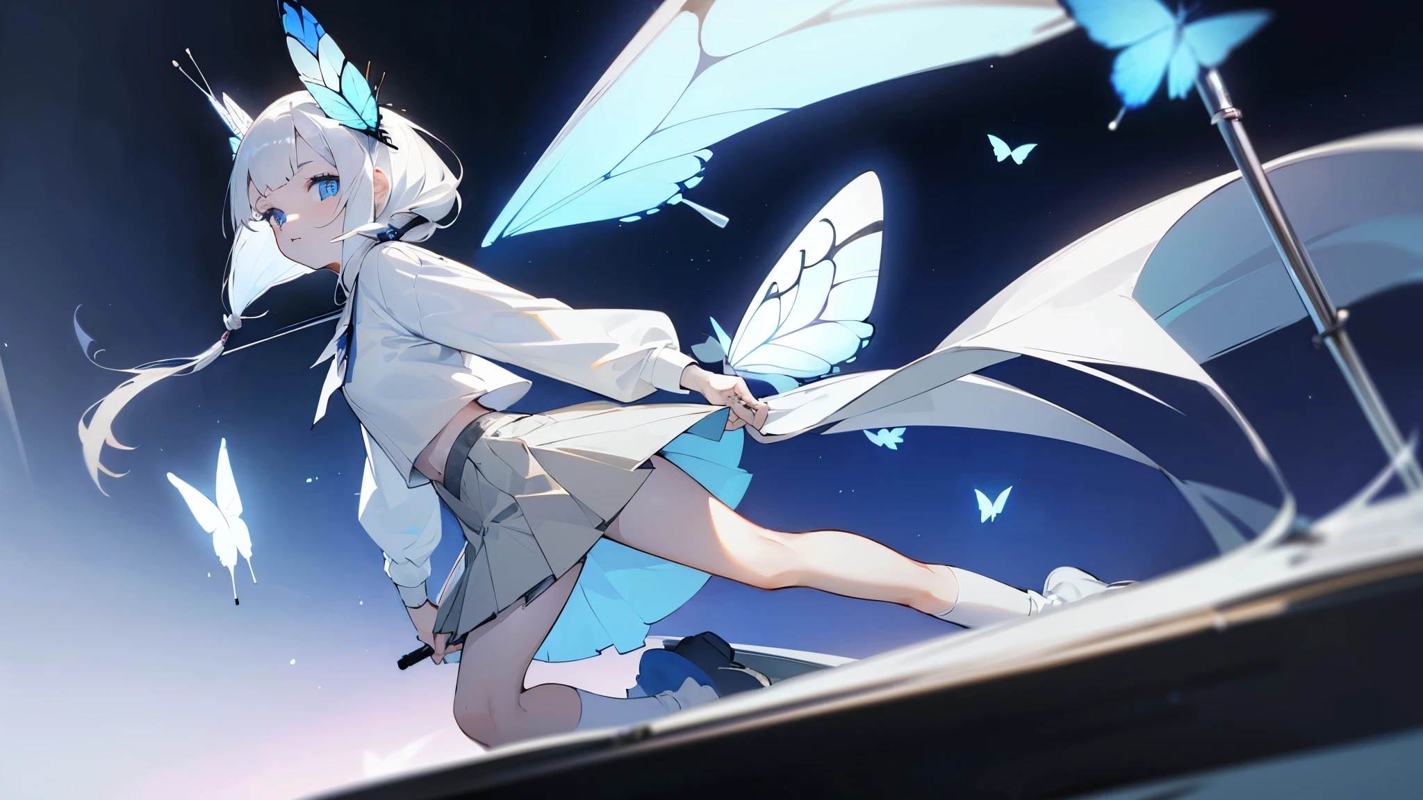 (perfect face, adult girl, white long bob hair, white shirt, grey skirt, white skin, white socks, sky blue eyes, perfect eyes, holding giant needle, night background, many butterflies)