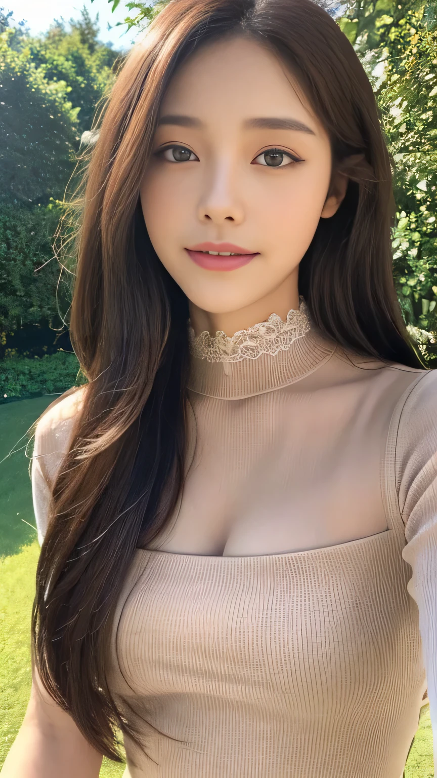 Full body angle、((highest quality, 8K, masterpiece:1.3)), concentrated:1.2, Perfect body beauty:1.4, Hips:1.2, ((Delicate Hair)), (Colorful lettuce cut mock neck see-through top without bra、 :1.1) , ((highest quality、8K、masterpiece:1.3))、1 Girl、A sloppy smile、Esbian all over、Slim face、Big 、Beautiful woman、(Dark Brown Hair)、Long Hair、1.1、Flickering Valley、Detailed eyes、double eyelid、Blurred Background、超Slim face、Looking down、garden、