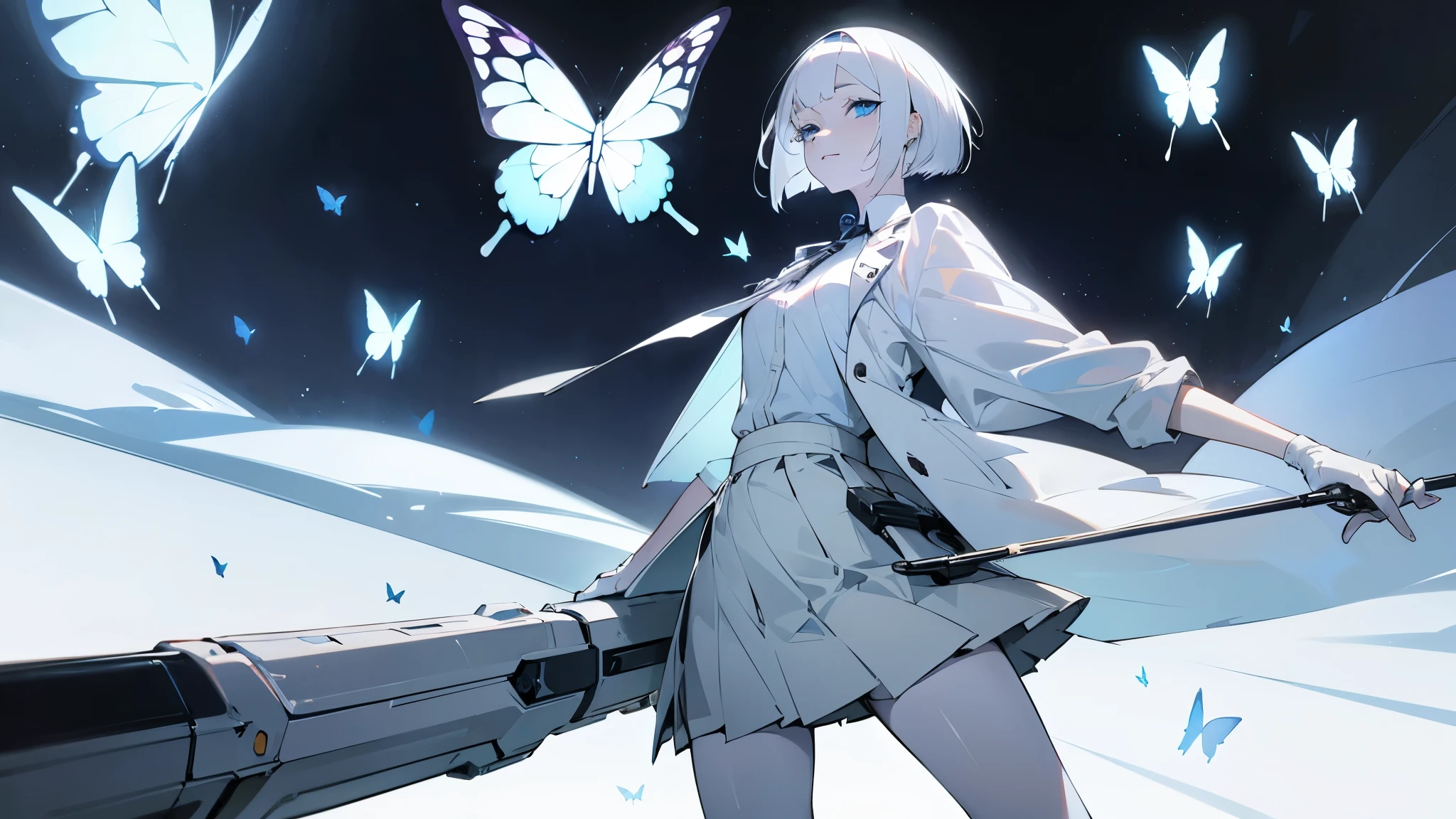(perfect face, adult woman, white bob hair, white shirt, grey skirt, white skin, white socks, sky blue eyes, perfect eyes, holding giant needle, night background, many butterflies)