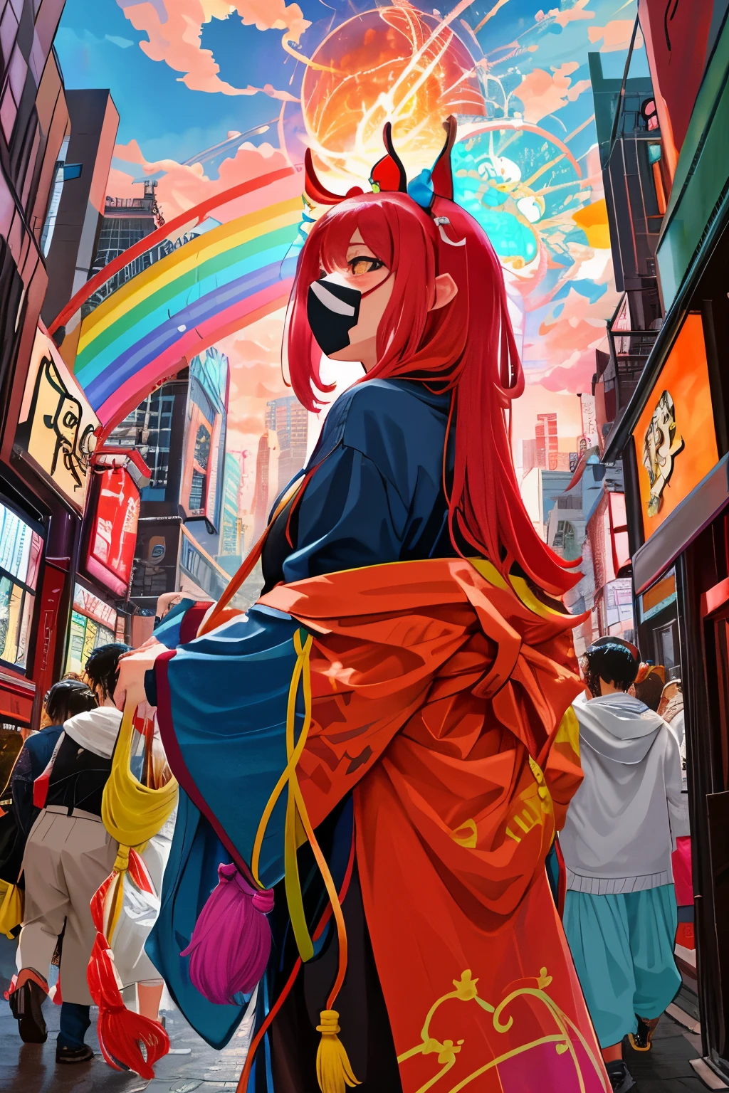 A bustling street in the heart of Tokyo, Japan, teemed with celebrations of the most peculiar kind. Strange people donned bizarre masks and costumes that defied logic, their vibrant colors adding a surreal touch to the scene. Tangled rainbows roamed the sky above, casting an ethereal glow on the hyper-realistic futuristic landscape. Unexplainable mysteries unfolded at every turn, as if drawn from the depths of a wild imagination. The chaos was tinged with an undeniable sense of joy, the kind that comes from truly embracing the absurd and the unknown. Possibly, this could be dubbed the city's annual Festival of the
