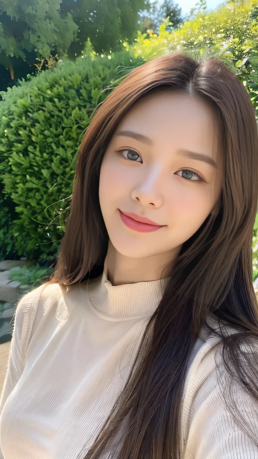 Full body angle、((highest quality, 8K, masterpiece:1.3)), concentrated:1.2, Perfect body beauty:1.4, Hips:1.2, ((Delicate Hair)), (Colorful lettuce cut mock neck see-through top without bra、 :1.1) , ((highest quality、8K、masterpiece:1.3))、1 Girl、A sloppy smile、Esbian all over、Slim face、Big 、Beautiful woman、(Dark Brown Hair)、Long Hair、1.1、Flickering Valley、Detailed eyes、double eyelid、Blurred Background、超Slim face、Looking down、garden、