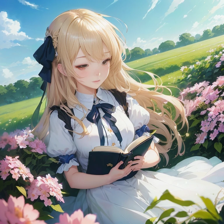 anime girl sitting in a field of flowers reading a book, epic light novel art cover, light novel cover art, anime visual of a cute girl, epic light novel cover art, detailed key anime art, guweiz on pixiv artstation, artbook artwork, beautiful anime portrait, violet evergarden, blonde anime girl with long hair, splash art anime