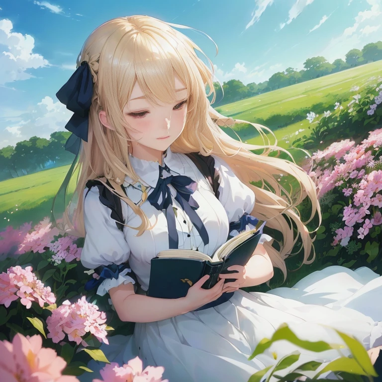 anime girl sitting in a field of flowers reading a book, epic light novel art cover, light novel cover art, anime visual of a cute girl, epic light novel cover art, detailed key anime art, guweiz on pixiv artstation, artbook artwork, beautiful anime portrait, violet evergarden, blonde anime girl with long hair, splash art anime 