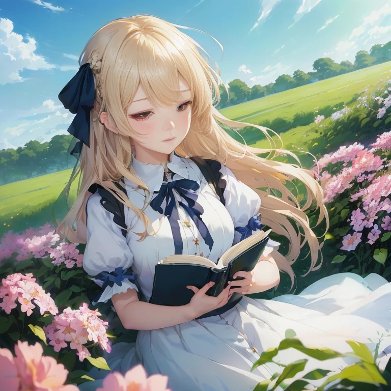 anime girl sitting in a field of flowers reading a book, epic light novel art cover, light novel cover art, anime visual of a cute girl, epic light novel cover art, detailed key anime art, guweiz on pixiv artstation, artbook artwork, beautiful anime portrait, violet evergarden, blonde anime girl with long hair, splash art anime