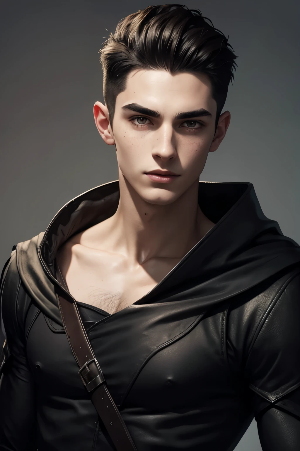 Portrait of an young soft male dark warlock in a fantasy setting. Skinny. Kind. Friendly. Soft. Very pale skin with freckles and liverspots. Dark-brown hair. Short Undercut. Sides shaved. Big upturned dark-brown eyes. deep-set eyebrows. Very thinned out bright eyebrows. Long wide nose. Curved lips. Long soft face. Round chin. Long neck. Slim body. Black clothing. 