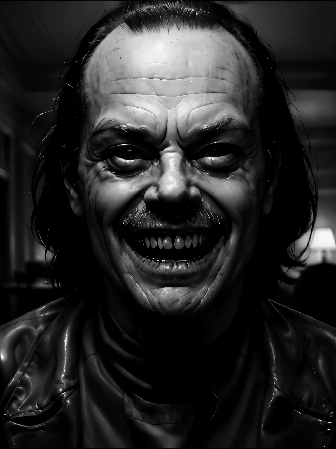 arafed man with his mouth open sitting at a table, the shining, the shining overlook hotel, stanley kubrick the shinning, the shining 1980, hannibal lector, self - satisfied smirk, giddy smirk, shining, unsettling grin, choke smirk smile grin, evil smirk, insane smile, jack nicholson