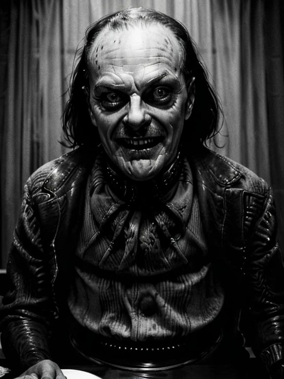 arafed man with his mouth open sitting at a table, the shining, the shining overlook hotel, stanley kubrick the shinning, the shining 1980, hannibal lector, self - satisfied smirk, giddy smirk, shining, unsettling grin, choke smirk smile grin, evil smirk, insane smile, jack nicholson