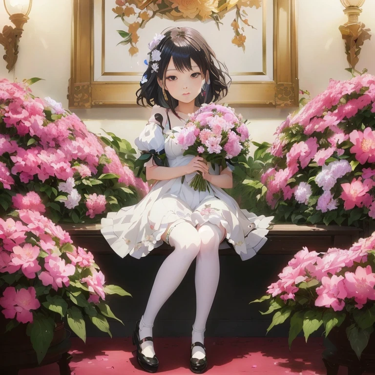 anime girl sitting on a bench with flowers in front of a mirror, official artwork, official art, high detailed official artwork, sitting with flowers, guweiz, official anime artwork, lolish, rin, with flowers, hestia, hana yata, guweiz masterpiece, promo art, in dress, guweiz on pixiv artstation