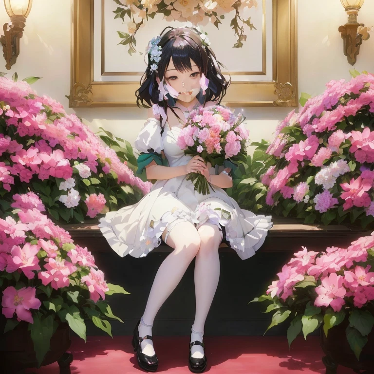 anime girl sitting on a bench with flowers in front of a mirror, official artwork, official art, high detailed official artwork, sitting with flowers, guweiz, official anime artwork, lolish, rin, with flowers, hestia, hana yata, guweiz masterpiece, promo art,  in dress, guweiz on pixiv artstation