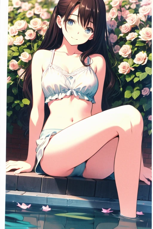 masterpiece, highest quality, One Girl, Thighs, beautiful girl, Flowers, Lots of small petals, Small waist, Large Breasts、RAWphotograph,Face Light, Ultra-realistic, High resolution, photograph, Sharp focus, Highly detailed eyes and face,Symmetrical face、Just got out of the bath、Sleep on your back、Lying down、Embarrassing、Happy expression、Spread your legs、Knee Up