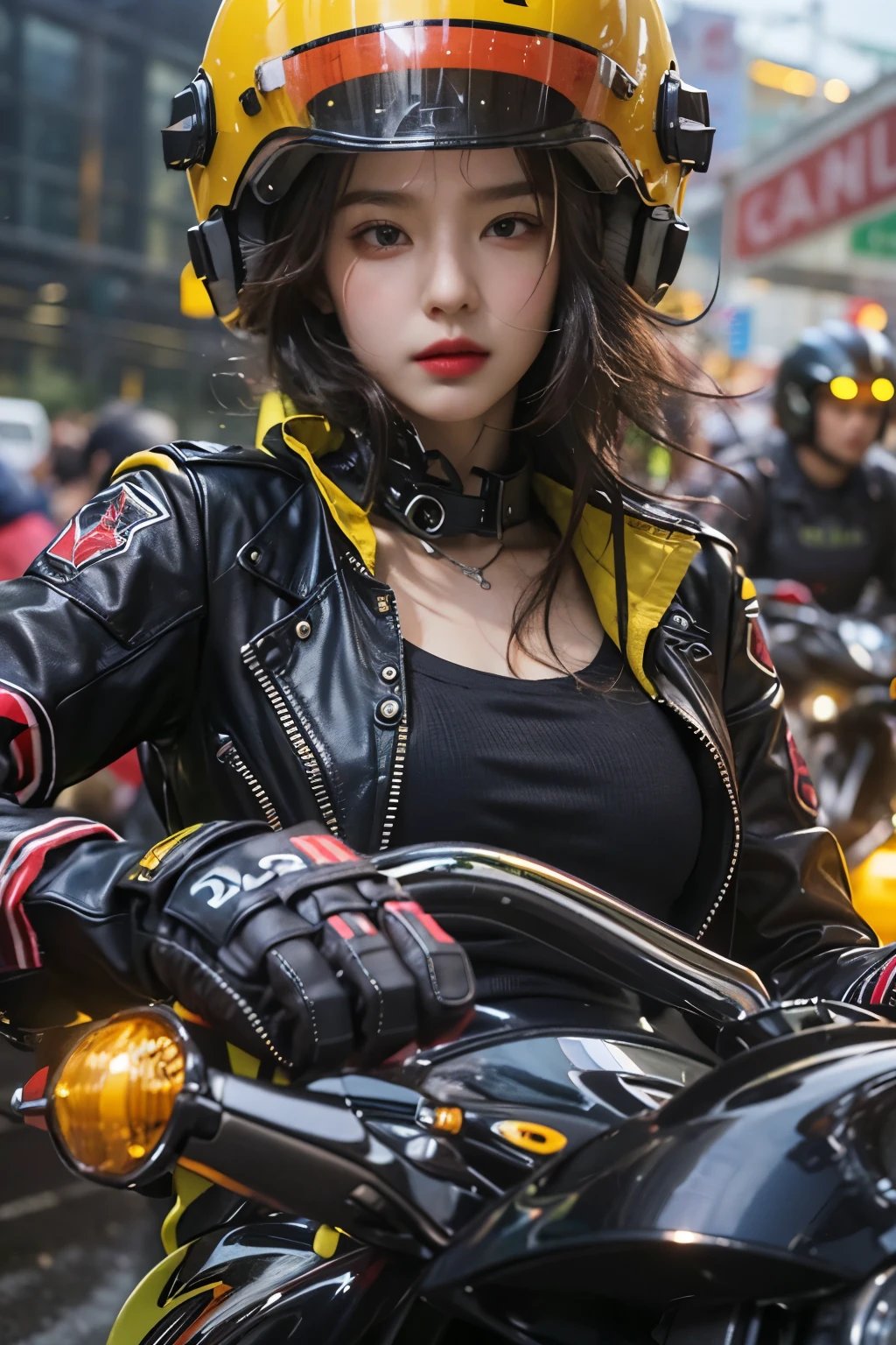Best image quality, outstanding details, ultra high resolution, (realism: 1.4), best illustration, Request Details, Condensed 1girl, With a delicate and beautiful face, dressed in black and yellow, wearing a mechanical helmet, holding the directional controller, ride a motorcycle, The background is on the highway, There are cars around..