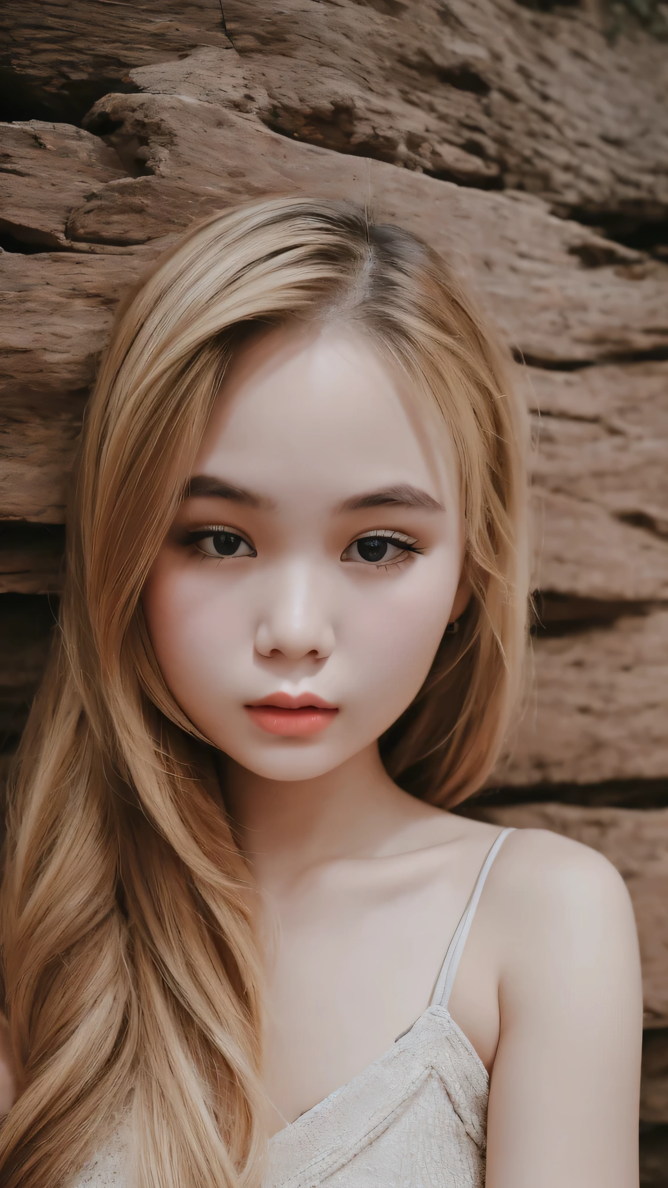 1 girl, alone, looking at the viewer, dark blonde long hair, tank top, mini skirt, brown eyes, Coastal rocky background, small breast , lips, realistic, a konigsreuter、masterpiece, 最high quality, high quality, High resolution,