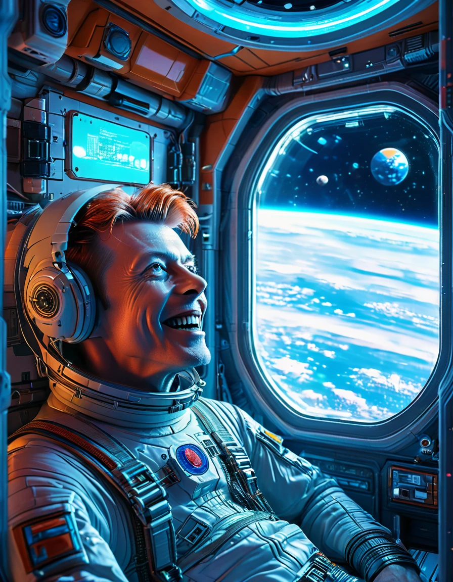 Masterpiece Digital art of David Bowie as Major Tom an astronaut inside a brand new cyberpunk space station (looking at blue Earth:1.2), talking to his friend, happy face, smile on his face, light laughter, detailed face, detailed eyes, detailed exicted expression, (side view:1.2), insanely detailed and intricate, cinematic art by greg rutkowski, directional lighting from the space station window