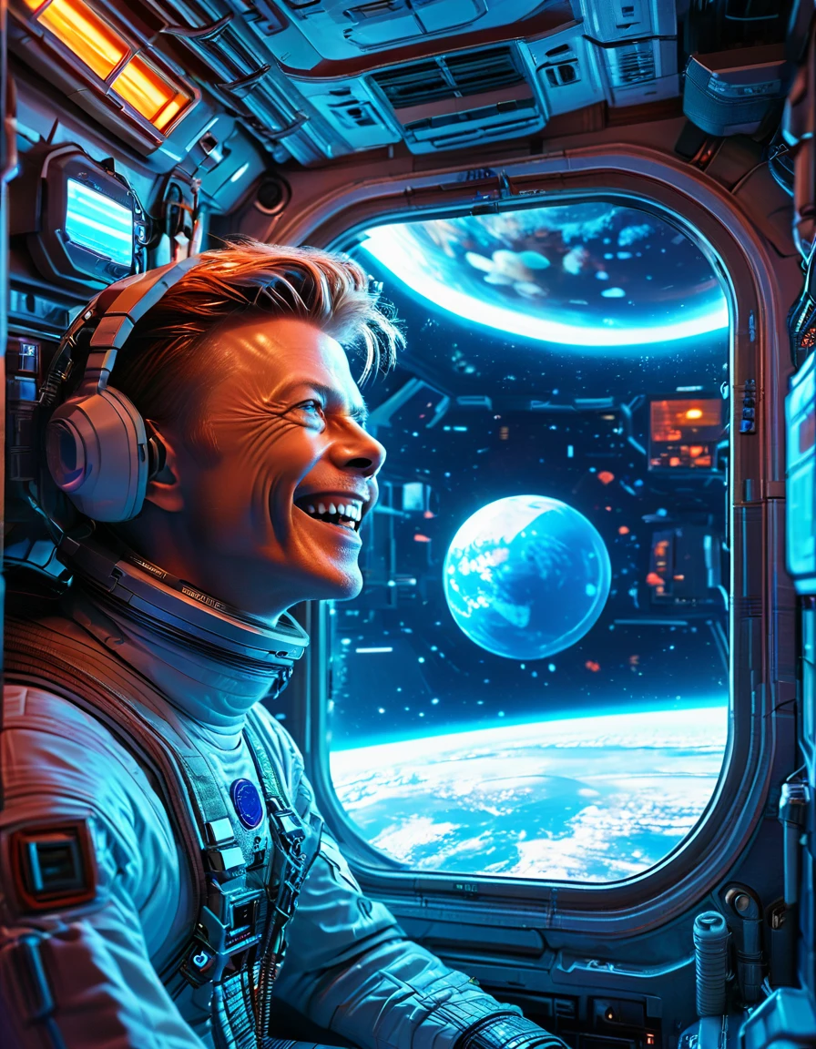 Masterpiece Digital art of David Bowie as Major Tom an astronaut inside a brand new cyberpunk space station (looking at blue Earth:1.2), talking to his friend, happy face, smile on his face, light laughter, detailed face, detailed eyes, detailed exicted expression, (side view:1.2), insanely detailed and intricate, cinematic art by greg rutkowski, directional lighting from the space station window