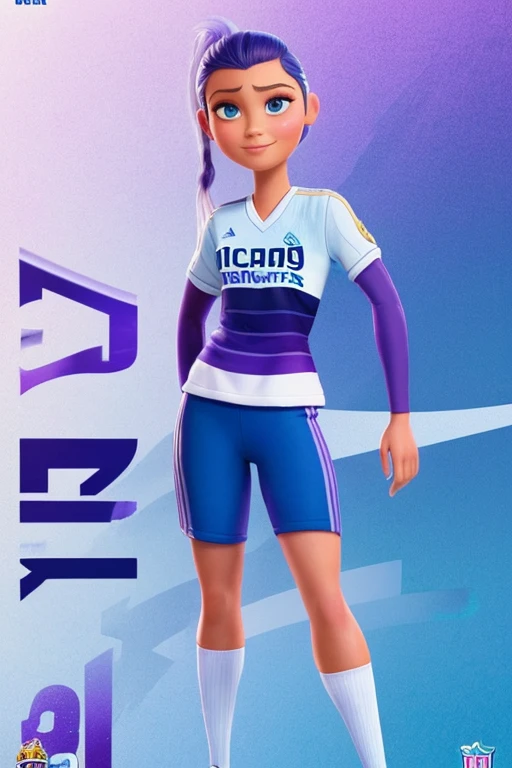 Générez une affiche de style Disney PIXAR avec animé.Elle est une joueuse de football avec une structure physique mince, yeux bleus, ceuveux long et violet et sourcils fin. Elle porte le maillot du real madrid blanc avec des accents noirs.. His jersey number is 10. L'affiche doit contenir les mots "MADELAINE" Model, attractif, The marocan way, 4k, Ultrarealistic, cartoon