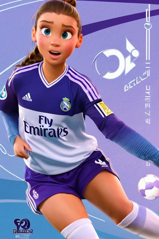 Générez une affiche de style Disney PIXAR avec animé.Elle est une joueuse de football avec une structure physique mince, yeux bleus, ceuveux long et violet et sourcils fin. Elle porte le maillot du real madrid blanc avec des accents noirs.. His jersey number is 10. L'affiche doit contenir les mots "MADELAINE" Model, attractif, The marocan way, 4k, Ultrarealistic, cartoon