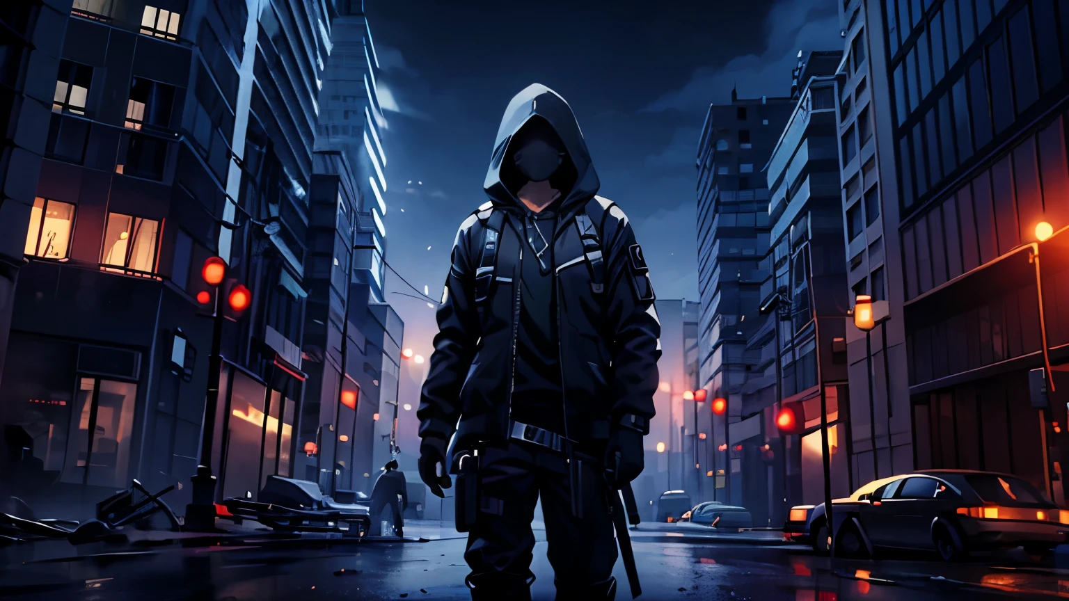 A post-apocalyptic world, a lone man in a strong black hood amidst the chaos, detailed and dynamic illustration, cores vibrantes, linhas fortes e definidas, estilo de quadrinhos, dramatic lighting, intense action scenes, paisagens urbanas, abandoned buildings, paisagem urbana arruinada, high resolution art, Visualmente deslumbrante, atmosfera escura e arenosa, personagens expressivos, detalhes intrincados, unique character designs, dystopian scenario, Narrativa acelerada, enredo de suspense, cinematographic compositions, layout de painel intrincado, Extraordinary adventures, strong emotions, survival instinct, breathtaking moments, narrativa poderosa, narrativa emocionante, visuais atraentes, Visually immersive experience, cinematic quality art, intense character expressions, contrastes visuais impressionantes, imagens assombrosamente belas