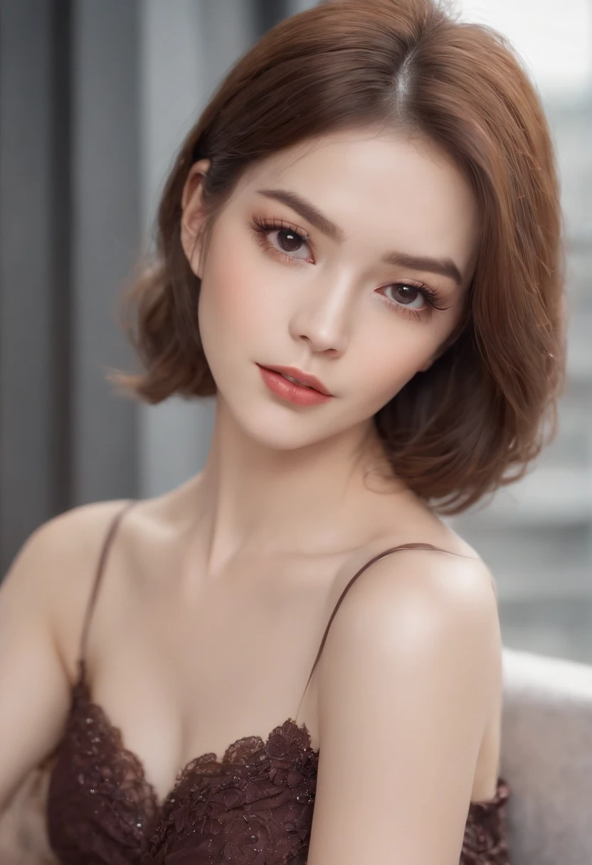 brown hair bob, (8k, original photo, actual: 1.25), (Very lip gloss, Many eyelashes, best quality, Ultra-high resolution, Depth of Field, Chromatic Aberration, Caustic lines, The width light, Natural Colors, slavic, 20 多岁Miss) Staring at the audience, necklace, bracelet, whole body, chest mole, Bare legs, transparent, Large target , 半transparent衣服, whole body, Delicate face, Miss, charming, Sexy, Tempting, actual