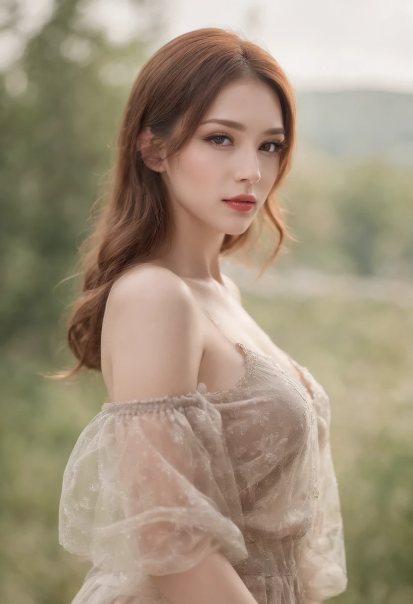 NSFW, 8K Raw photograph, Best quality at best, tmasterpiece, 超高分辨率, looking at viewert, (Brown hair long:1.2), Natural skin texture, Realistic Eyes and Face Details, blusher (cosmetics), 's plump lips, Open your lips, lipsticks, pretty legs, Tall woman, Skinny, Slim_leges, upper legs_the gap, Models, mediuml breasts, Chinese courtyard, Outdoor activities, Chinese dress,