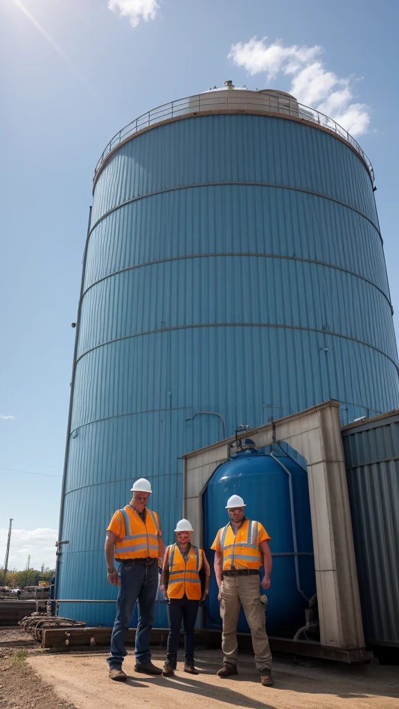 Create an image of landscape photography, huge water tanks in blue color, bright sky, environmental portrait, engineering portrait, worksafe. instagram photo, people at work, water industries, engineering, corporate photo, industrial photo, look at the details.